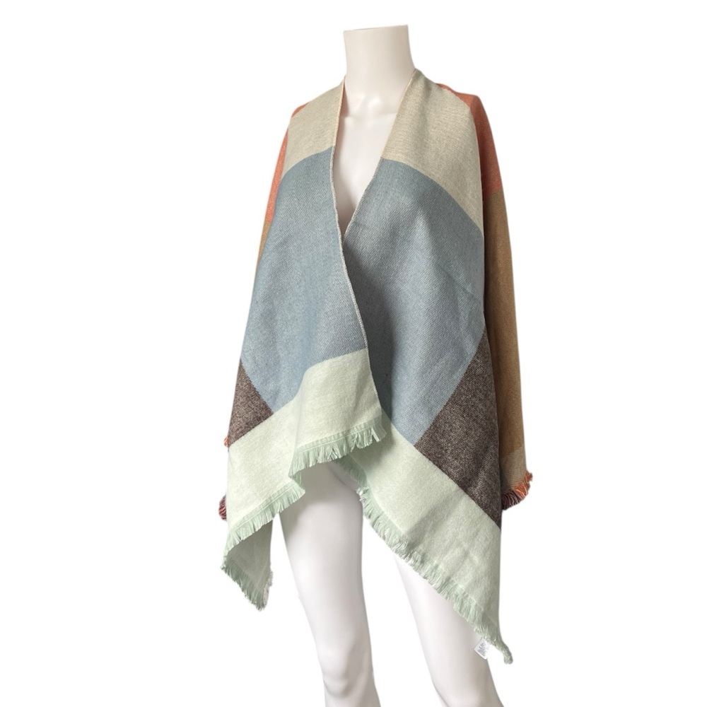 NEW 14th & Union Ruana Wrap Blue Orange Colorblock Knit Fringe Fall
